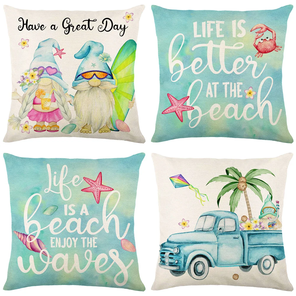 

Summer Ocean Style Pillowcase 45x45 Cute Starfish Pillow Cover Letter Pillowcases Cartoon Coconut Tree Truck Print Cushion Cover