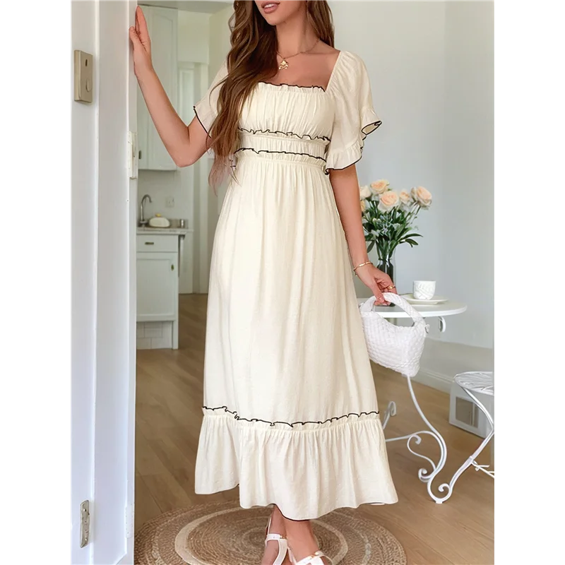 Vestido midi de manga corta para mujer, cuello cuadrado, color en contraste, informal, Rick Rack, vestidos ahumados-A55G