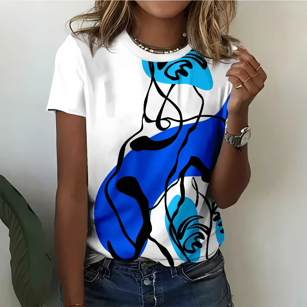 

Blue And White Abstract Human Body Art Printed Women's T-shirt - Modern Casual Fashion Comfortable Summer Short Sleeve