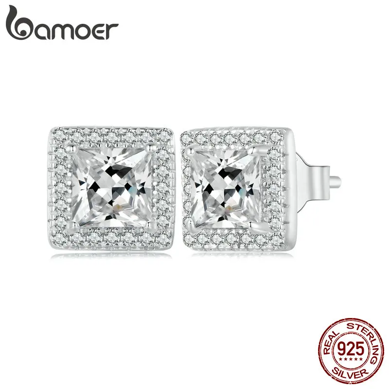 

BAMOER 925 Sterling Silver Square Halo CZ Stud Earrings Hypoallergenic Elegant Earrings Platinum Plated Fashion Jewellry BSE895