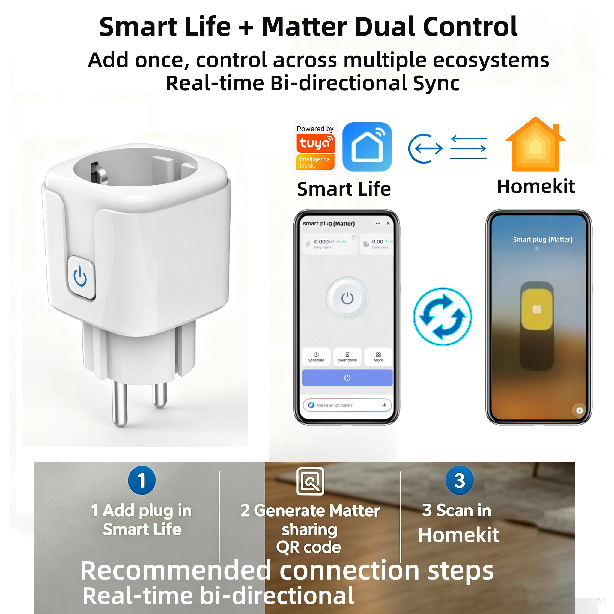 20A Tuya WiFi Matter Smart Socket with Energy Monitor EU Plug Compatible with Smart Life App Homekit Siri Alexa Google Home