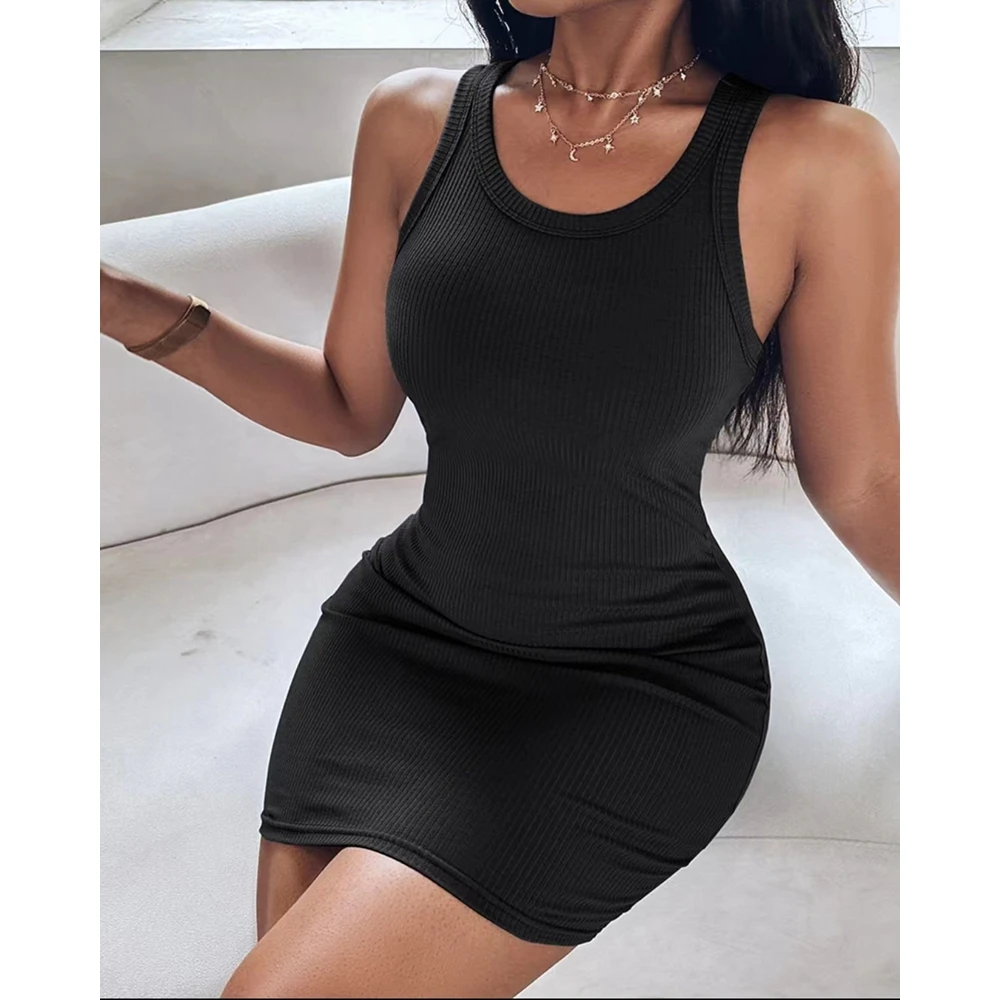 

Women Ribbed Scoop Neck Sleeveless Slim Fit Tank Dress Female Solid Color Mini Bodycon Dress Elegant Casual Outfits Korean Dress