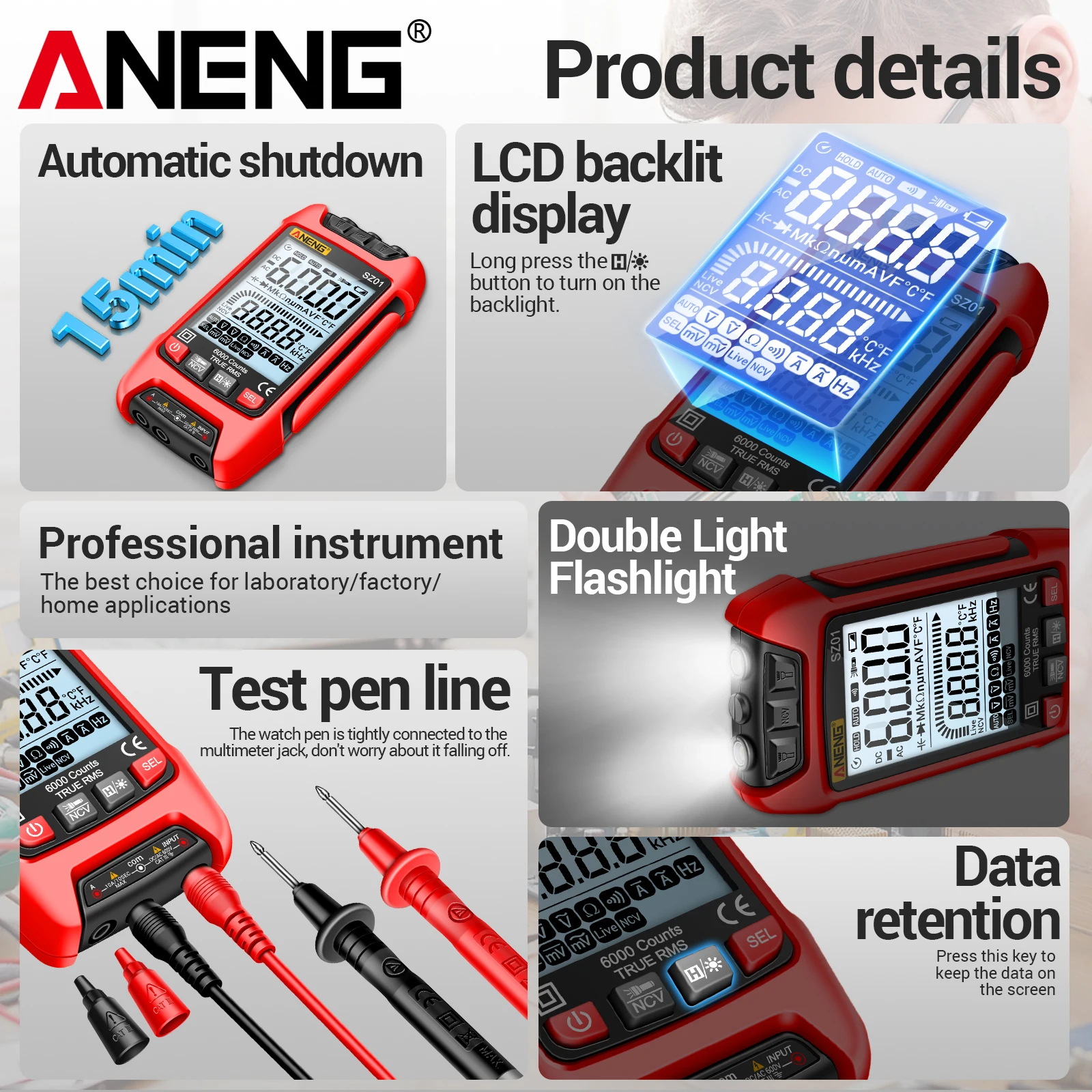 ANENG SZ01 Digital Multimeter 6000 Counts 10A 600V Non Contact Voltage Live Line Flashlight Handheld Electrician Repair Tool
