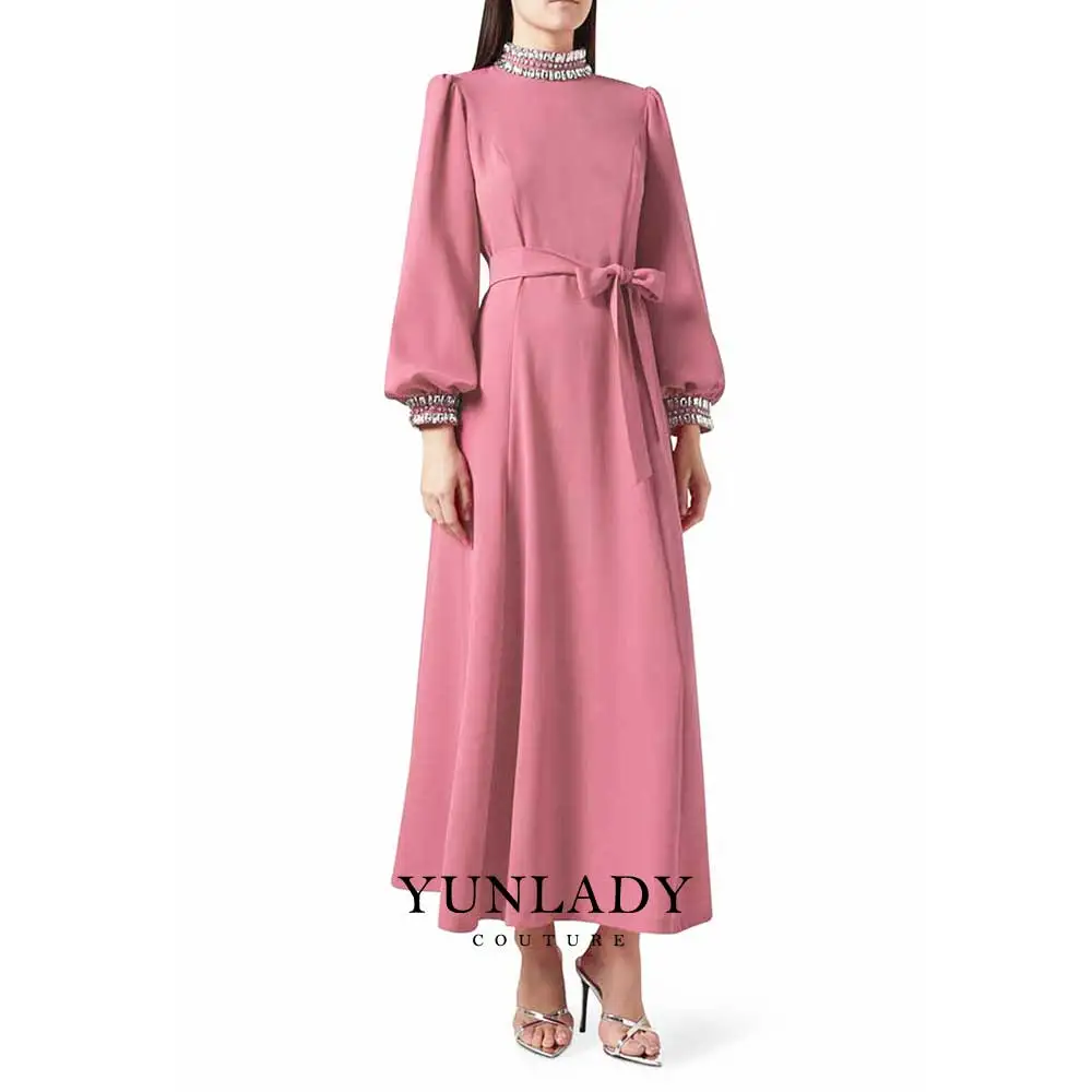 YUNLAN Gorgeous Dark Pink Evening Dress 2024 Arab Women Wedding Crepe Short Sleeve Formal Prom Special Occasion Party Mom Dress