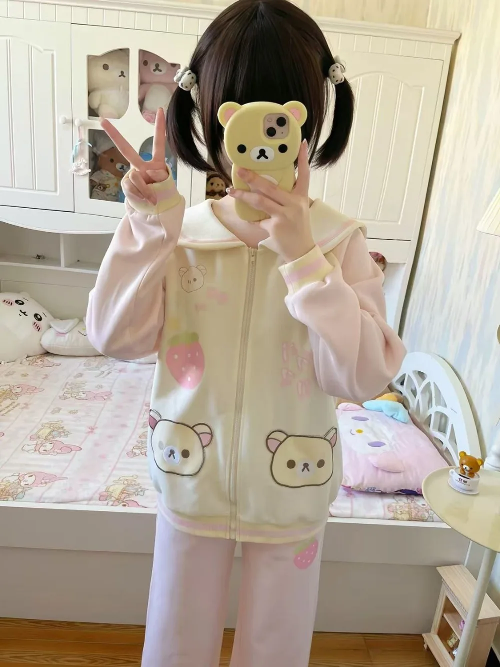 

Kawaii Rilakkuma Plush Set Autumn Winter Cute Cartoon Student Fleece-lined Plush Hoodie Two Piece Set Girl's Christmas Gift Toys