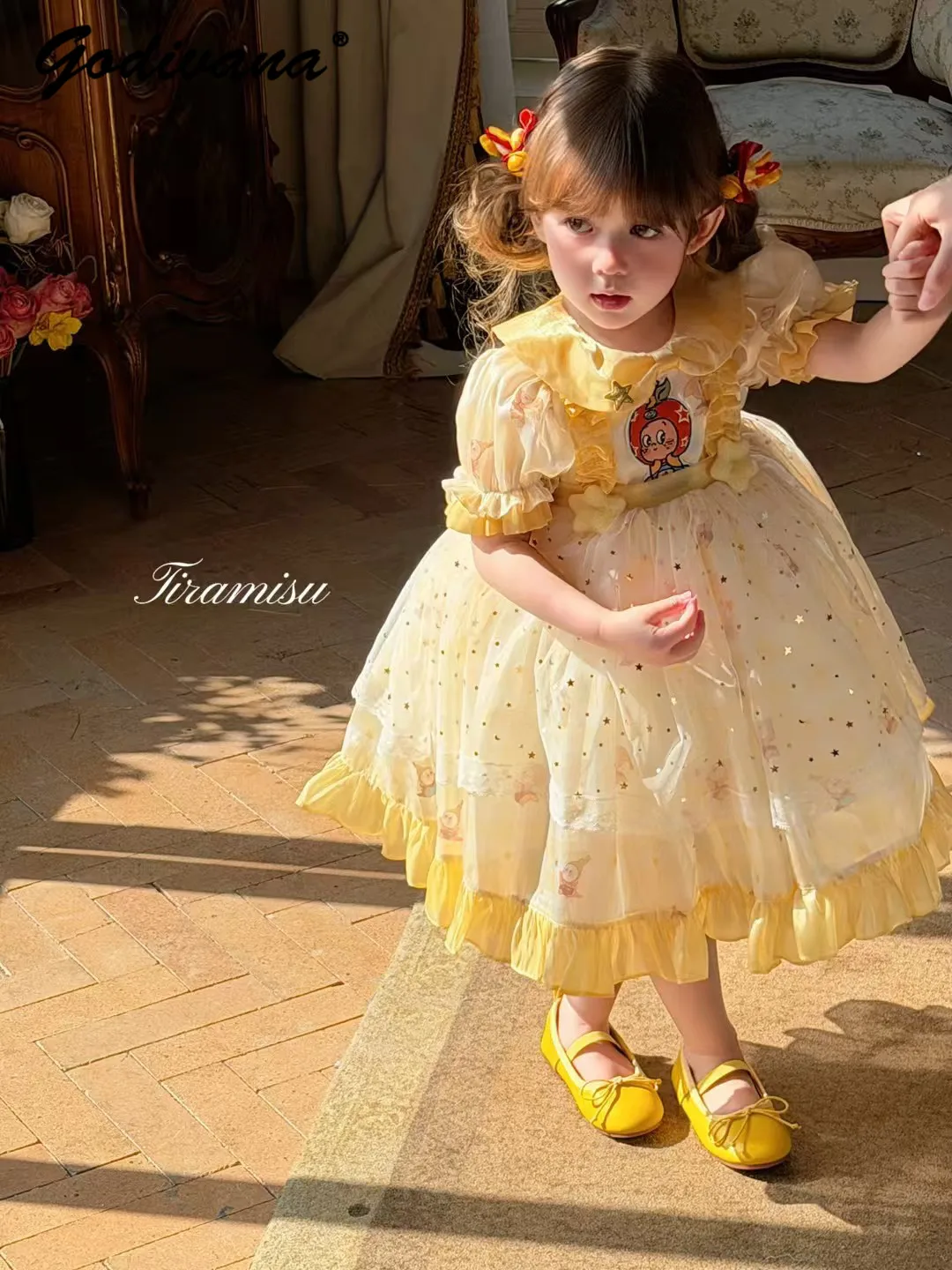 Sweet Baby Girls Lolita Princess Dress 2026 New Summer Kids Puff Sleeve Cute Star Sequined Doll Collar Ruffle Trim Mesh Dress