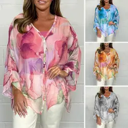 Women Long-sleeve Shirt Stylish Women's V-neck Floral Print Chiffon Shirt for Summer Loose Fit Long Sleeve Top with Sun