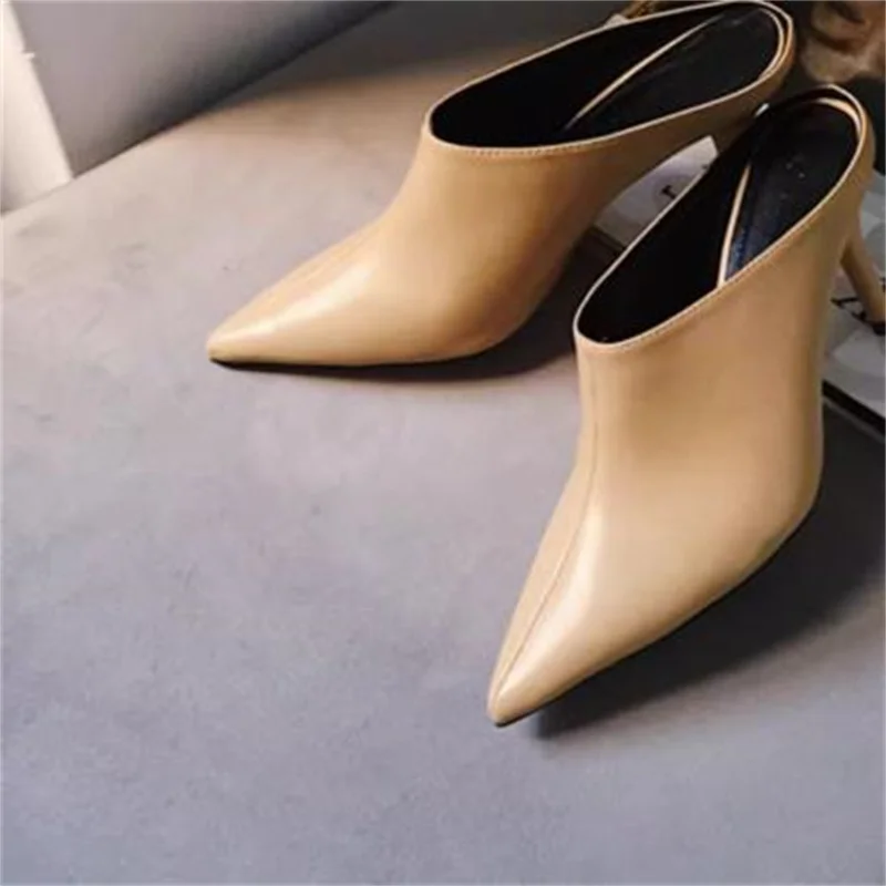 Sewing Lines Shoes for Women Pu Leather Thin High Heels Pointed Toes Female Mules Shallow Zapatos Mujer Solid Chassure Tacones