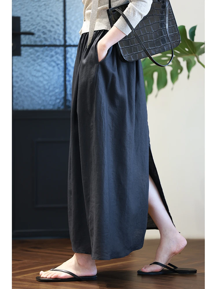 

Casual Loose Fit Linen Skirt Elastic Waist Lazy Feel Straight Cut Split Slimming over Knee Length Flower Bud Silhouette