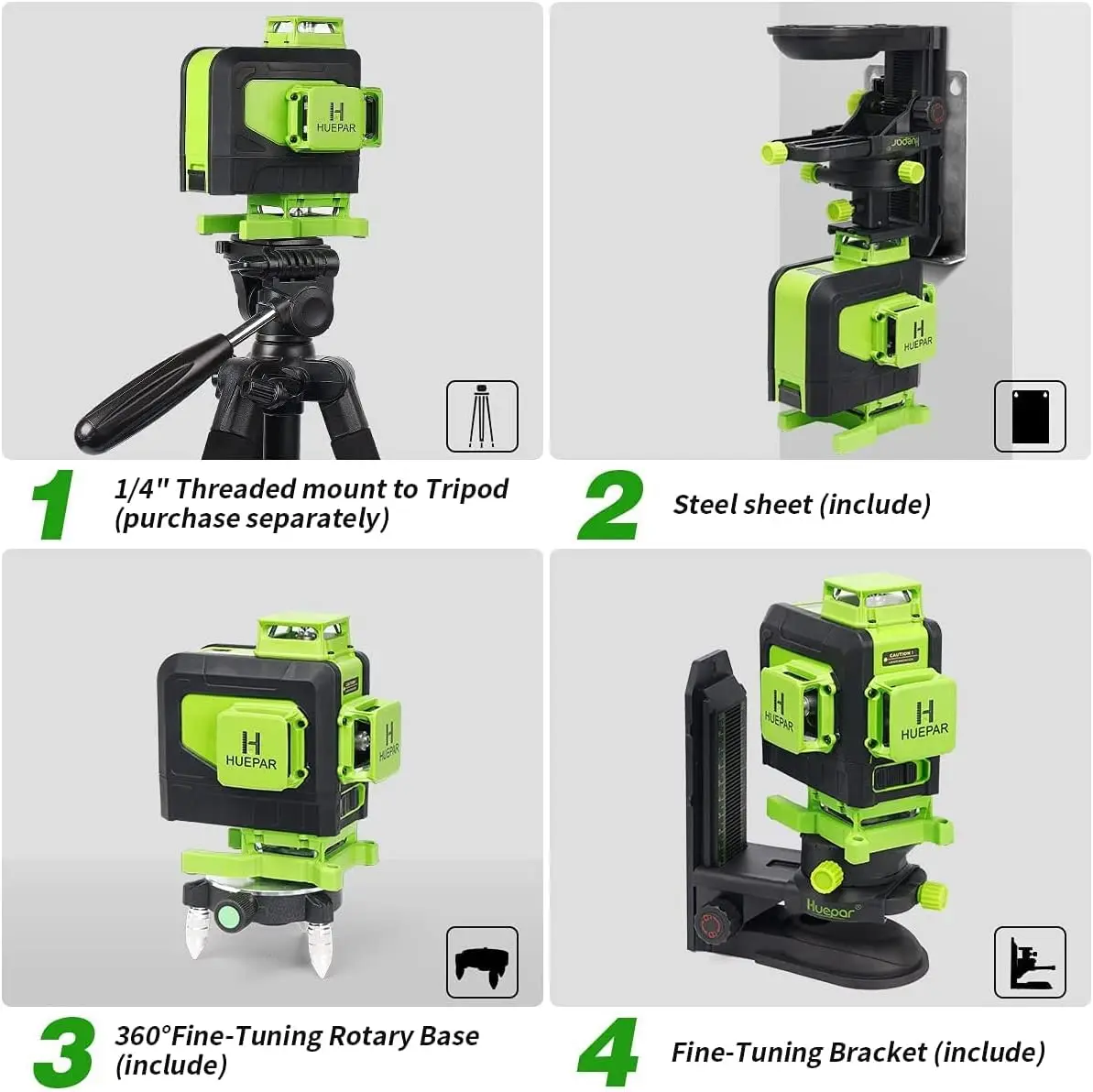 Huepar 4D Cross Line Laser Level Set 16 lines Remote Control Green Beam With Laser Receiver Tripod Rangefinder For Tiles Floor