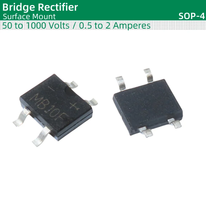 50pcs/lot Bridge Rectifier SOP-4 package MB05F MB1F MB2F MB4F MB6F MB8F MB10F MB24F MB26F 50 to 1000 Volts / 0.5 to 2 Amperes