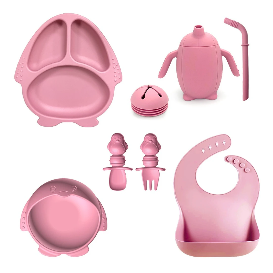 8 pieces of baby silicone tableware baby dinner plate water cup fork spoon bowl bib penguin shape design baby gift feeding produ