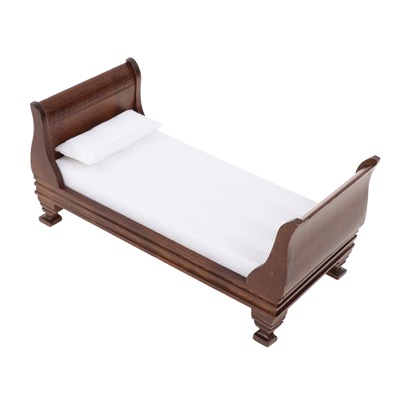 Móveis de madeira Cama Individual para Dollhouse, Acessórios Miniatura, 1:12