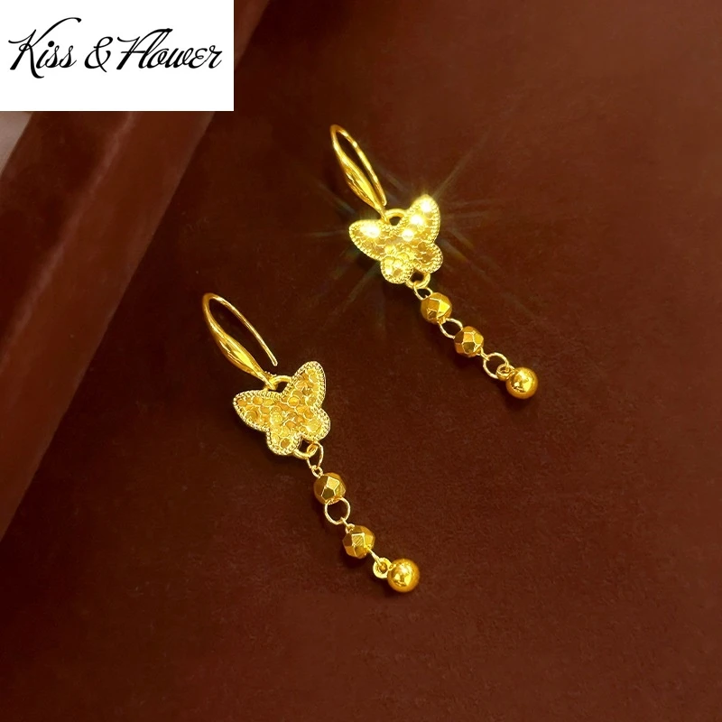 

KISS&FLOWER 24KT Gold Butterfly Tassel Drop Earrings For Women Wedding Party Birthday Christmas Bride Mother Girl Gifts ER524
