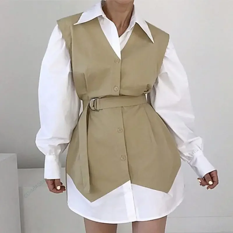 Koreanische Chic Revers Schwarz Weiß Kontrast Nähte Gefälschte Zwei-stück Spitze Up Taille Geschlossene Blase Hülse Hemd Kleid Frauen