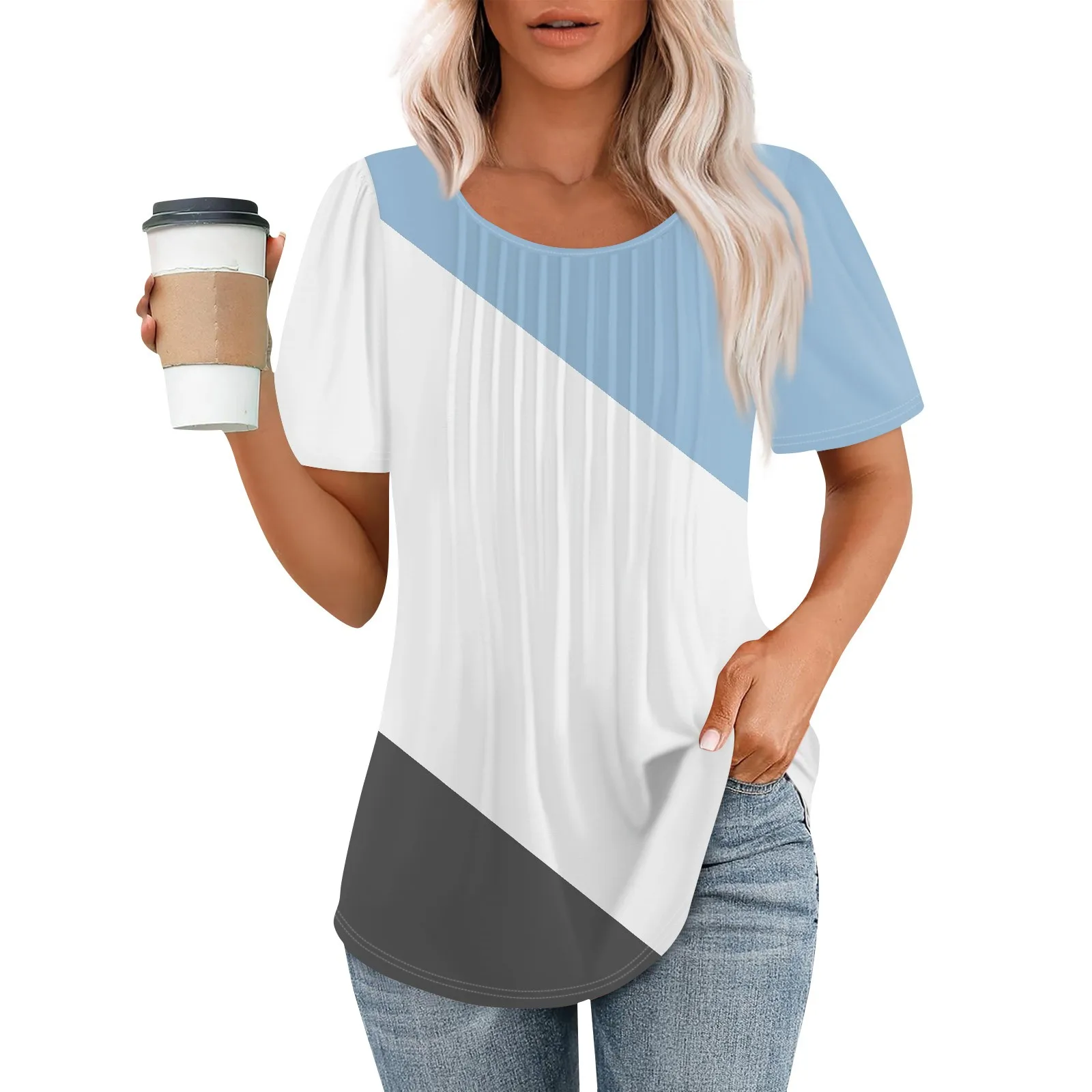 Women's Fashionable Casual top Pleated Round Neck Patchwork t shirt Short Sleeved blouse comfortable Office Lady Tunics traf