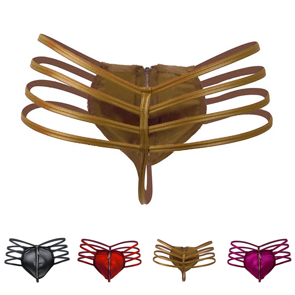 

1pc Mens Sexy Faux Leather Pouch Thongs Underwear Zip Up Hollow Out T-back G-strings Man Panties Briefs Low Waist