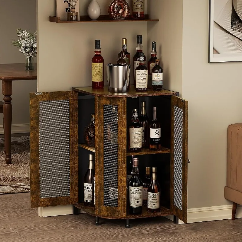 Corner Storage Cabinet with Open Shelf, Industrial Wine Bar Cabinet with Door, Industrial Corner Cabinet for Kitchen