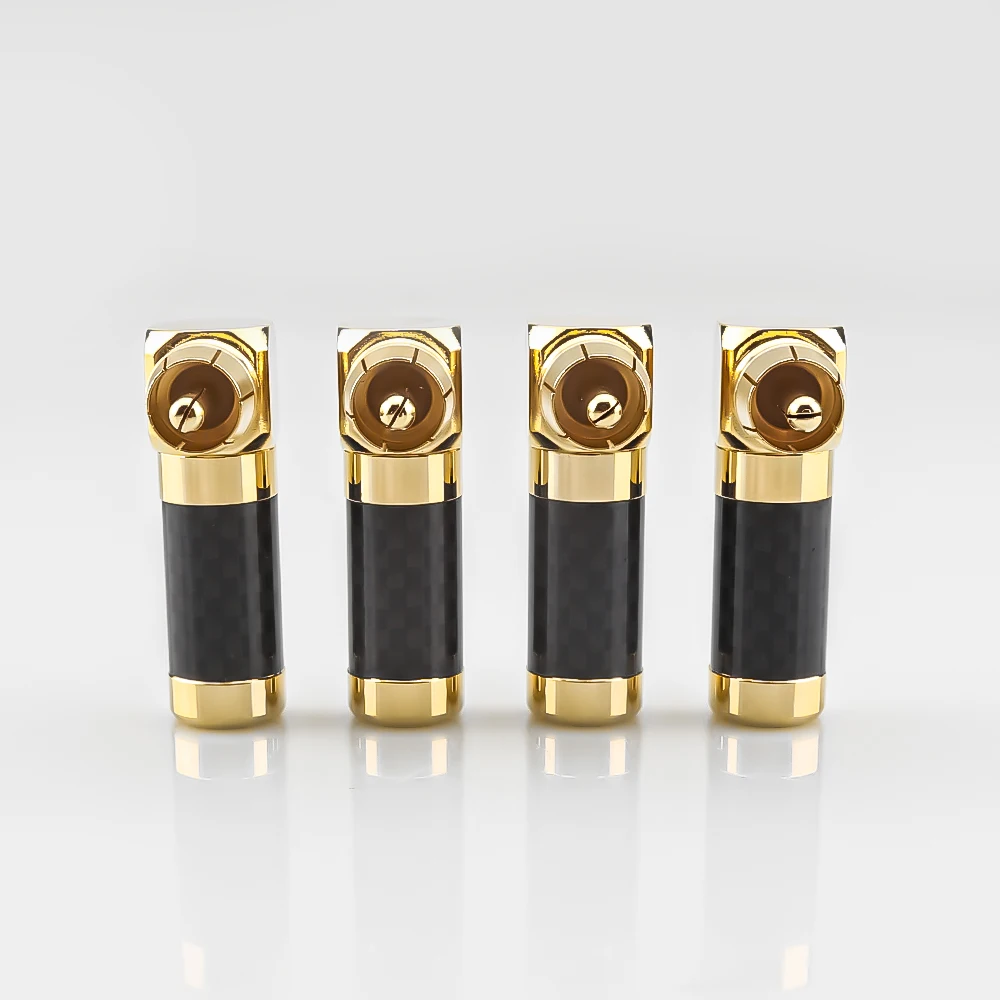 أسود ألياف الكربون 4 قطعة 24K الذهب 90 درجة الزاوية اليمنى المتكلم RCA المقابس الصوت جاك موصل للصوت ايفي الموسيقية