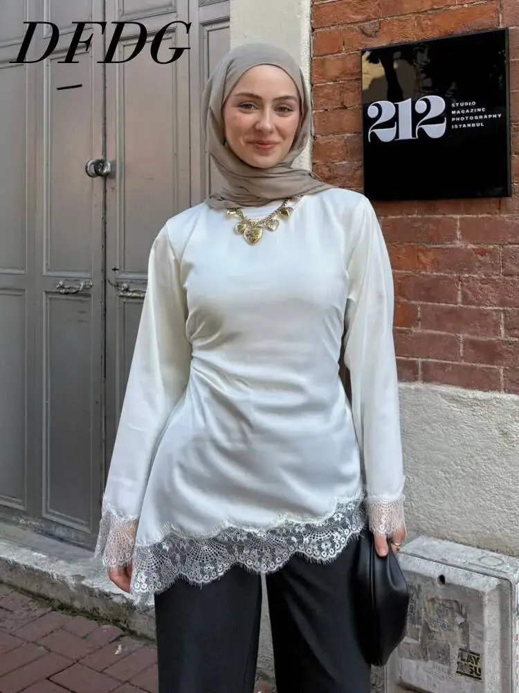 DFDG Women 2026 Spring Summer Satin Long Sleeve Blouse Ruched Waist Lace Hem Modest Casual Elegant Muslim Fashion Top Shirt