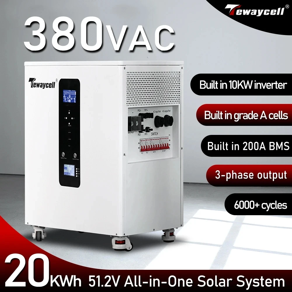 Three-Phase 20KWh 15KWh AC380V All in One LiFePO4 Battery 51.2V Home Solar System Built-in 10KW Inverter Mobile ESS