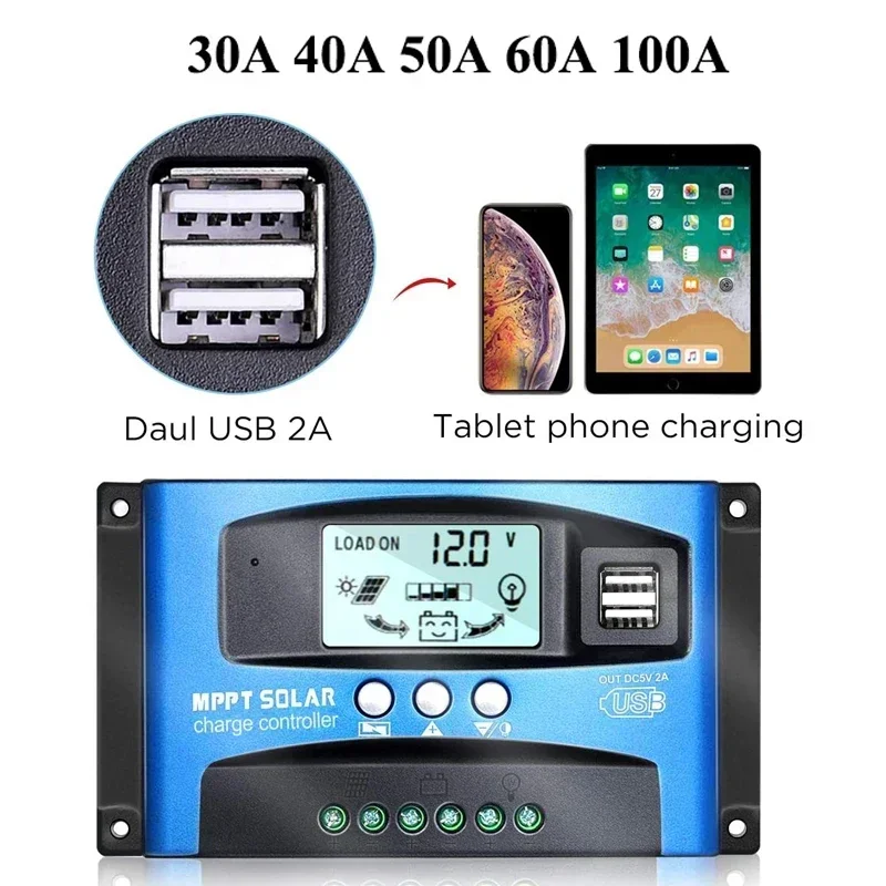 MPPT Solar Charge Controller PWM 100A 80A 60A 50A 40A 30A Photovoltaic Power Regulator Auto 12V/24V Dual USB LCD Load Discharger
