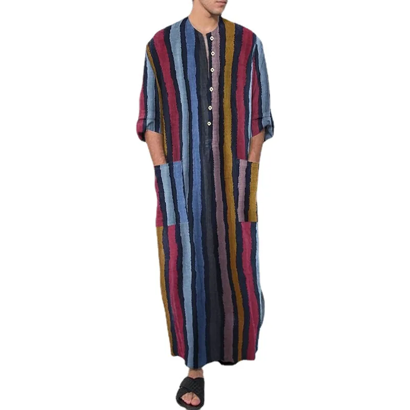 New Islamic Muslim Men's Solid Color Short Sleeve Classic Stripe Print Robe Dubai Arabic Ethnic Style Men's Casual Formal Robe