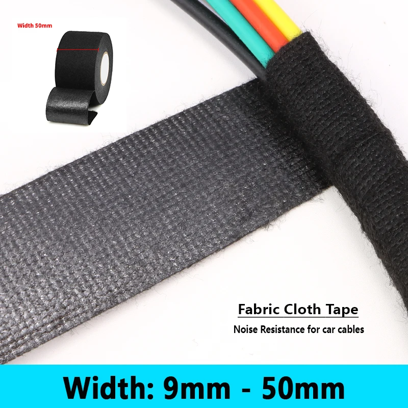 Fita de Tecido Elétrica Preta com Largura de 9mm a 50mm, Isolante, Resistente ao Calor, Fita Adesiva para Automóveis, Resistente ao Ruído