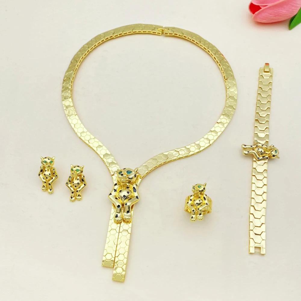 

Falair Vintage Women Leopard Head Zircon Gold Plated Copper Set Bracelet Necklace Ring Earrings Jewelry