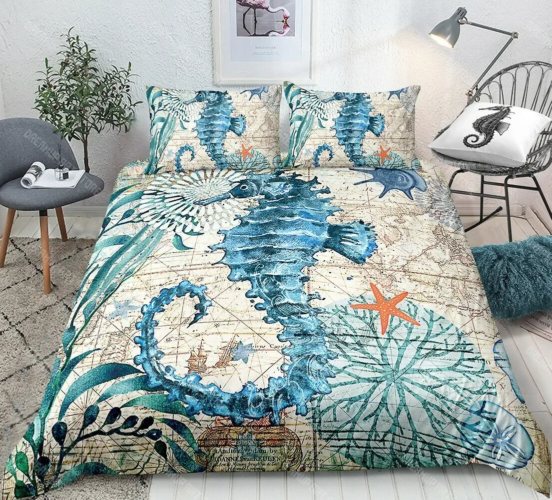 2026 Sea Turtle Bedding Ocean Duvet Cover Set Teal Mediterranean Style Marine Themed Ocean Polyester Bedding Set Queen King Twin