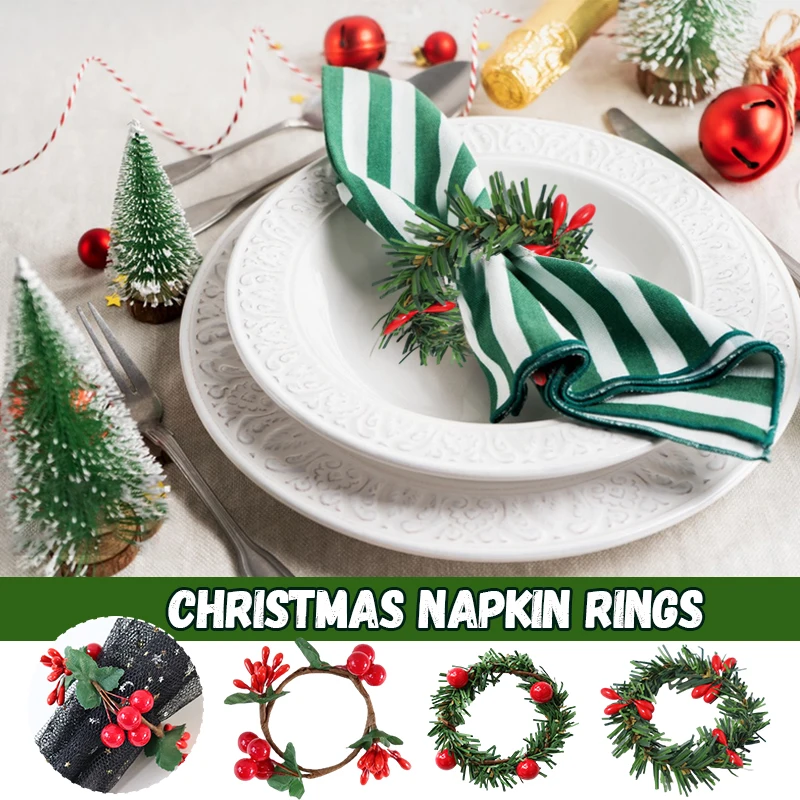 12 Pcs Christmas Napkin Rings Artificial Pine Needle Red Berry Napkin Rings For Christmas Holiday New Year Party Table Decor