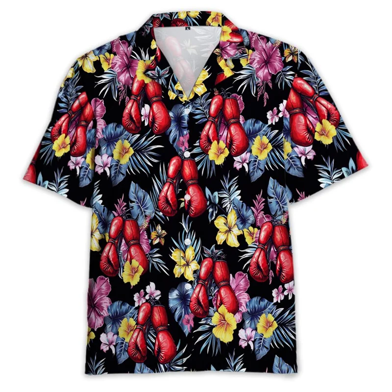 Men's Casual Boxing Glove Shirts Streetwear Beach Button-down Sports Shirts Wrestling Blouses Oversized Short Sleeve Shirt