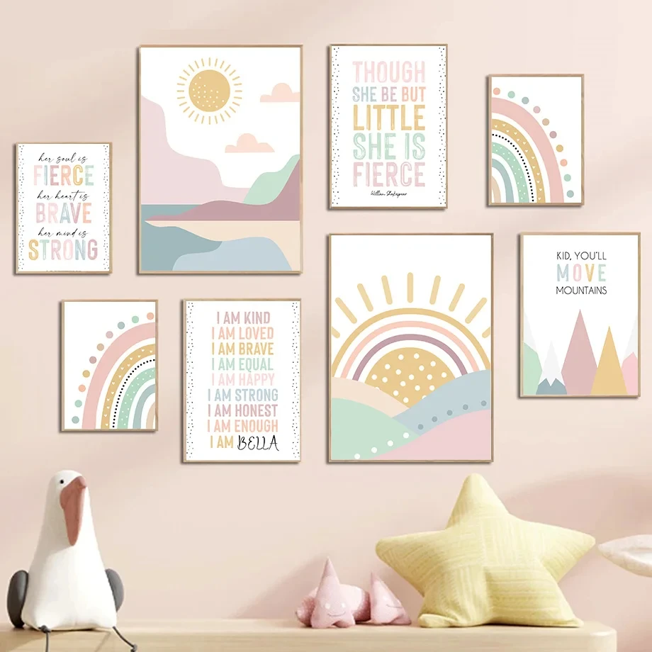 

Nordic Posters and Prints for Nursery, Wall Art, Canvas Painting, Pictures, Baby, Kids Room Decor, Pink Mountain, Sun, Rainbow,