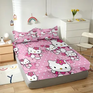 Seprai Tempat Tidur Hello Kitty, Set Sprei Cantik untuk Anak Laki-laki Perempuan Tempat Tidur Kucing 3D Lembar Pas Penutup CatBed Animasi 2 Buah 8 set tempat tidur penjualan terbaik 160x200 - №