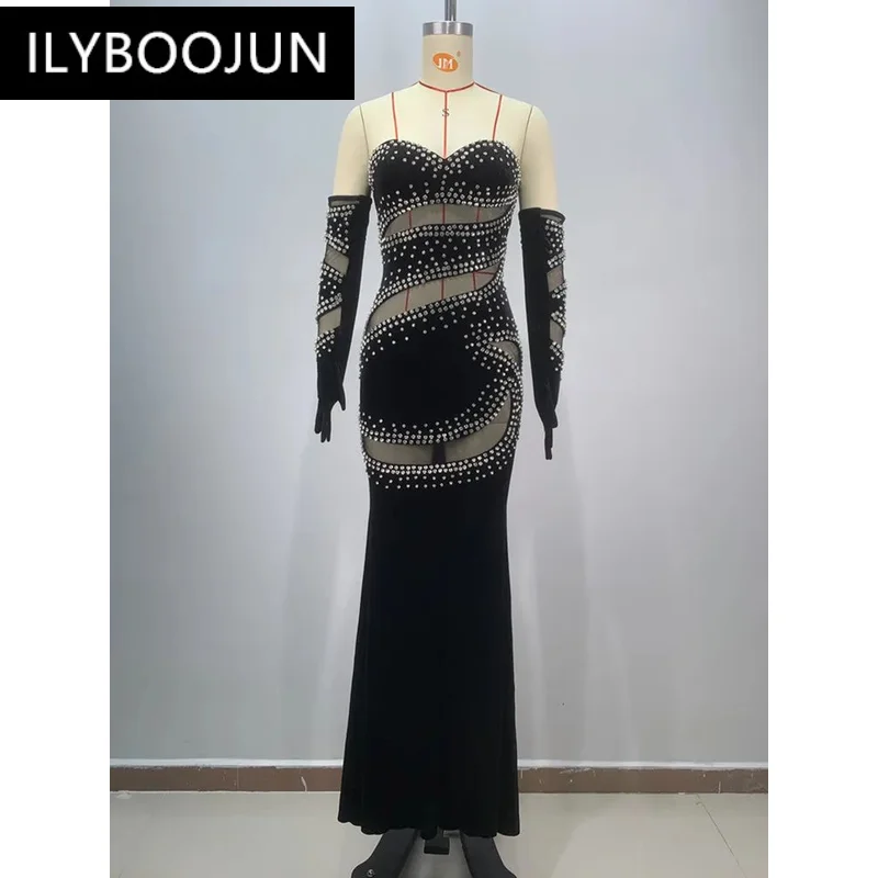 Celebrity Luxury Sexy Strapless Studded Diamonds Black Mesh Maxi Long Women Dress 2024 Elegant Party Evening Club Vestido