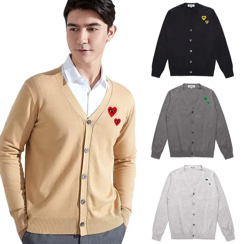 Break Egg Men Cardigan Cotton Large and Small Glasses Heart Embroidery V-Neck Single Breasted Long Sleeves Autumn Fit Sweater