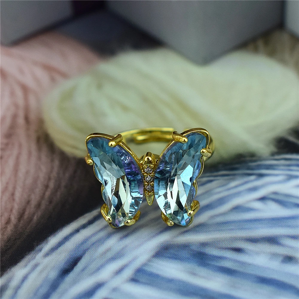 Korean Version of Ladies and Girls Butterfly Crystal Ring Golden Colorful Ring Adjustable Size Ladies Ring Jewelry Gift