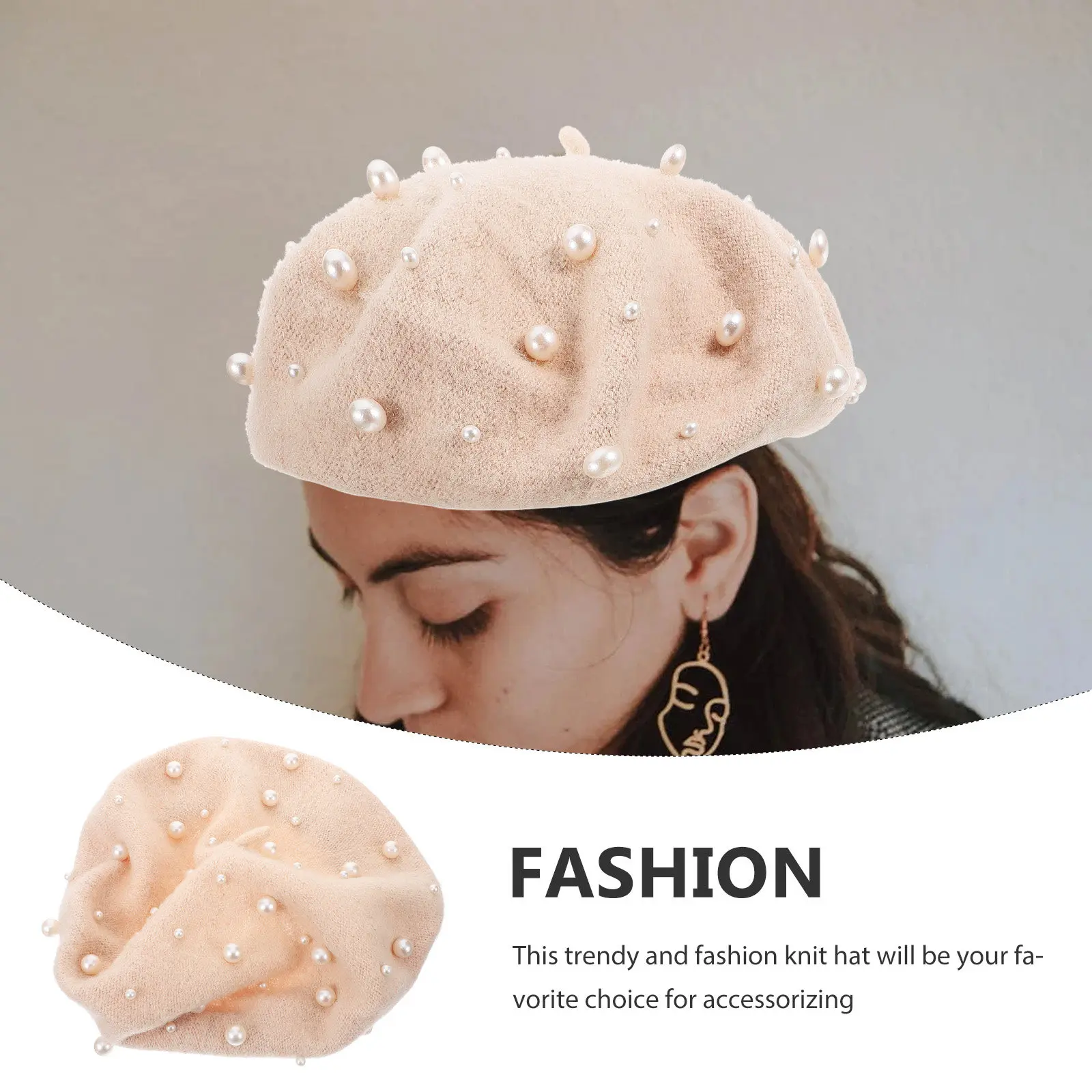 Women's Pearl Beret Autumn Winter Heavy Work Hat Starry Beaded Rivet Wool Beret Free Size Beige Trendy Casual Outdoor Accessory
