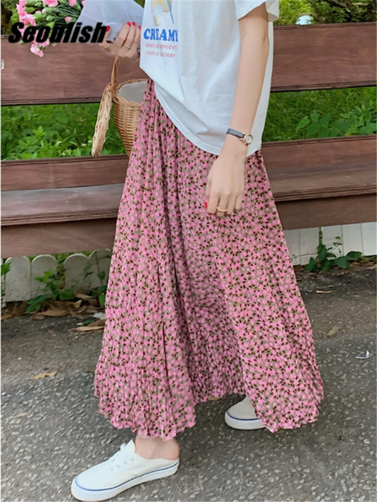 Seoulish Summer Floral Printed Pleated Women's Mi-long Skirts 2022 New High Waist Country Style Umbrella A-Line Skirts Female