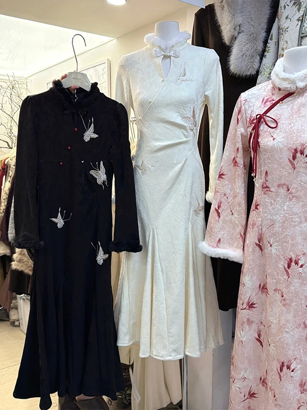 retro-chinese-sle-embroidered-thin-velvet-patchwork-thiened-slimming-dr-women's-long-sve-midi-dr