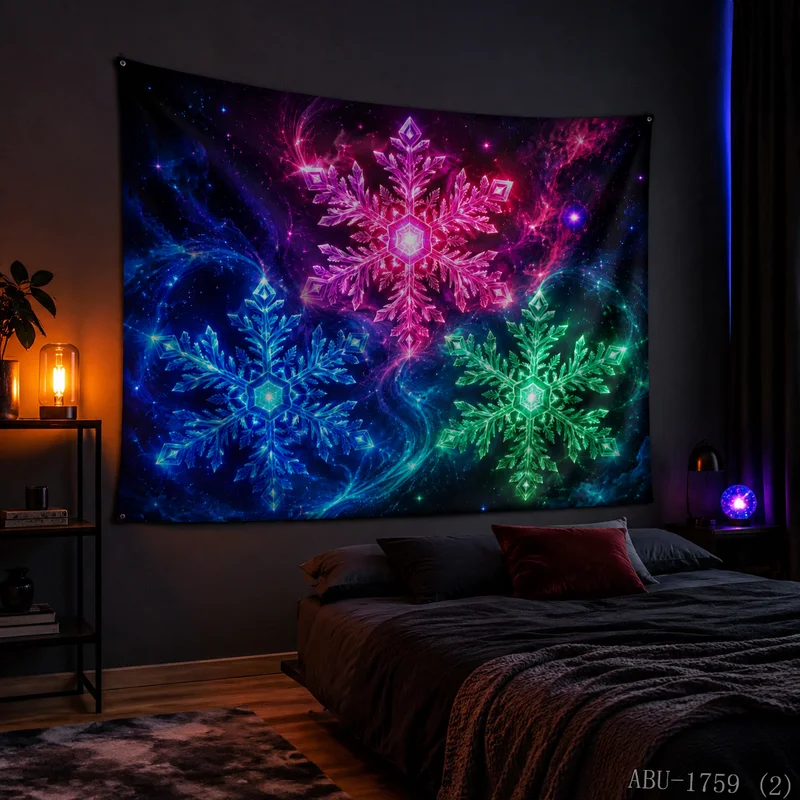 VIKAMA Neon Blue Purple Galaxy Vortex Snowflake Crystal Starry Nebula Ice Christmas Tapestry Wall Hanging Bedroom Living Room