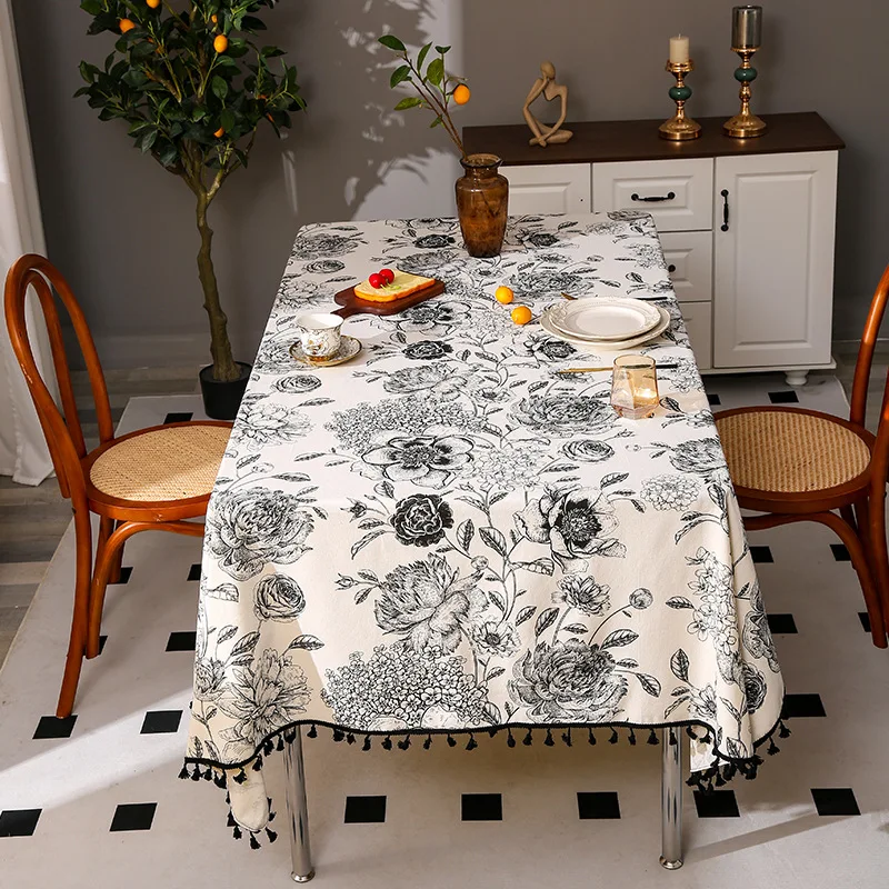 Cotton linen tablecloth with peony tassel print, INS style home dining table cover, Amazon wholesale