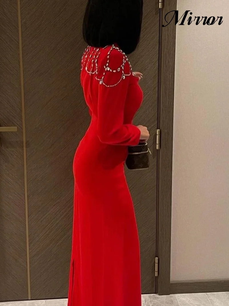 Elegante vestido com espelho vintage, Simples cristal vermelho frisado, Colarinho quadrado, Personalizado, Ocasião formal, Vestido de formatura, Vestidos de festa