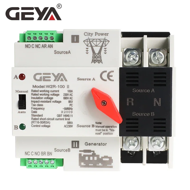 GEYA  Mini ATS 2P Automatic Transfer Switch Electrical Selector Switches Dual Power Switch ATS 63A 100A 110V 220V