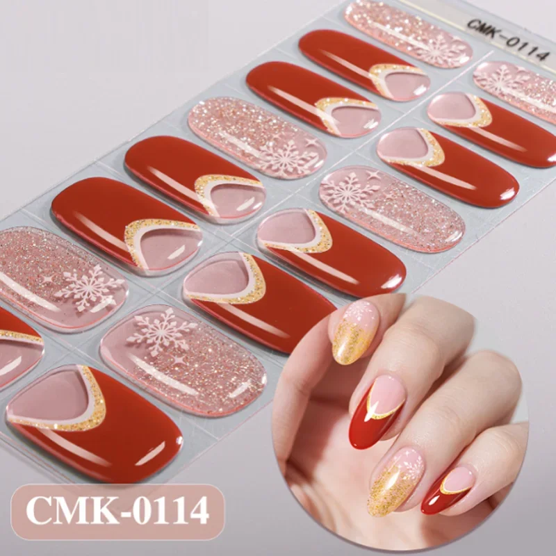 สติ๊กเกอร์ติดเล็บเจลแบบไม่ต้องใช้แสงยูวี ลายคริสต์มาส ติดทนนาน ลายเฟรนช์แมนิคิวร์ ตกแต่งเล็บปลอม
