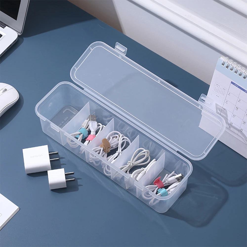 Transparent Cable Storage Box Organizer Charger Cord Sorting Storage Box 5 Grid Reusable Data Cable Earphone Container Holder