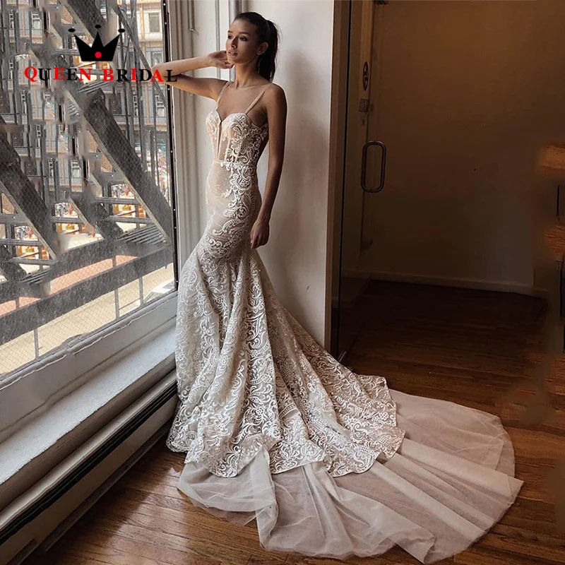 Sexy Backless Illusion Mermaid Wedding Dresses Spaghetti Straps  Lace Appliques Bridal Gowns Robes De Mariée Custom M19Q