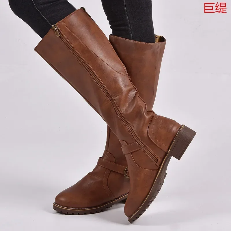 Plus-size thigh-high knight boots Vintage women's fashion boots with square heels and round heads