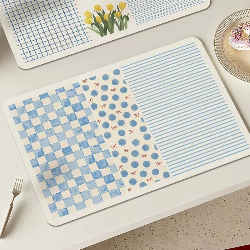 VIKAMA Blue‑Tone Cartoon Print Dish Drying Mat, Checkered Striped Polka‑Dot Design Non‑Slip Kitchen Counter Home Decoration