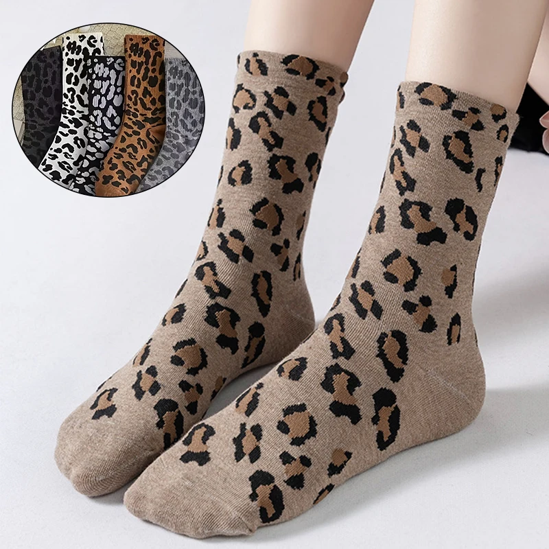 

5 Pairs Women's Leopard Print Short Socks Fashion Casual Comfortable Middle Tube Sock High Quality Breathable Soft Sox Female